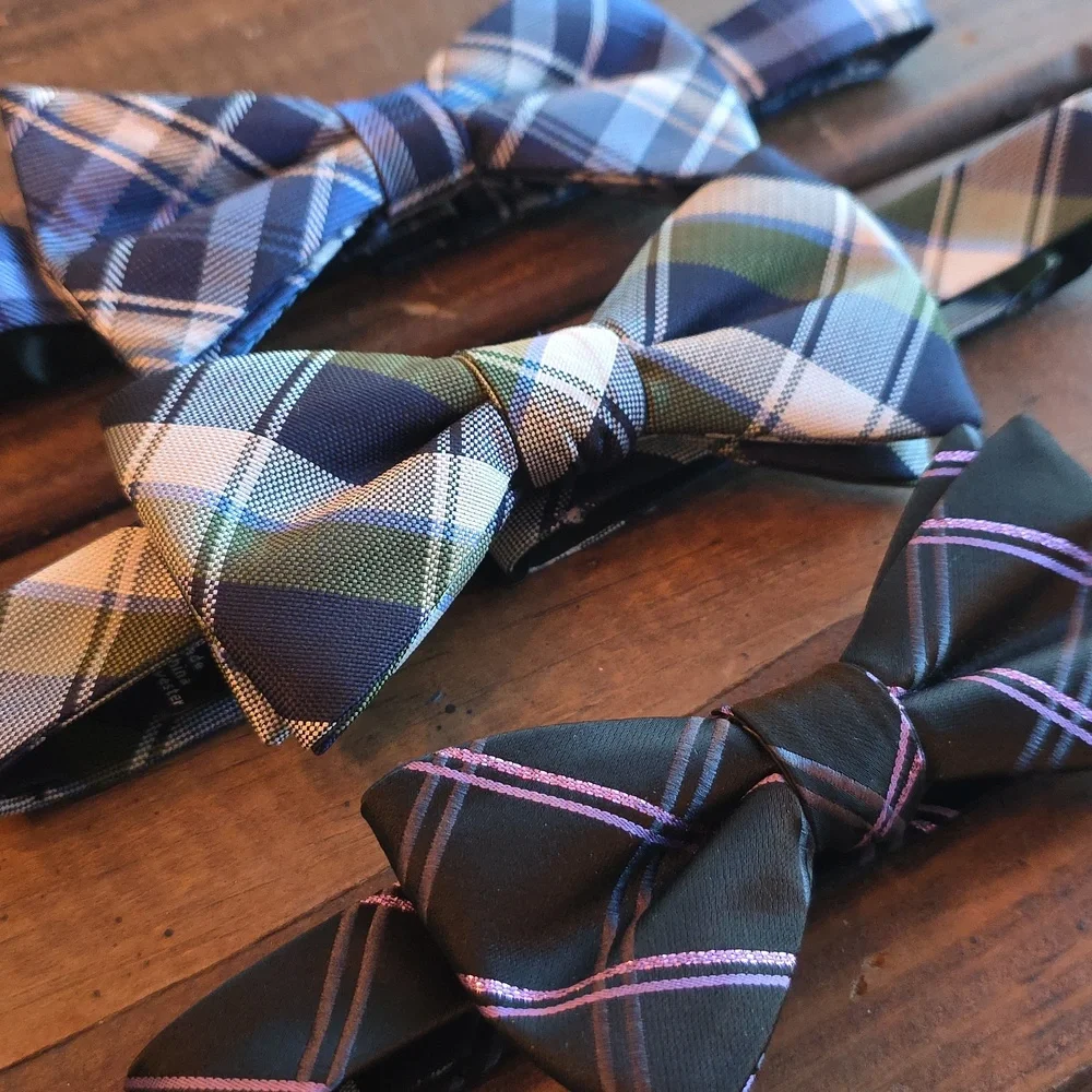 Set Of 3 Plaid Bow Tie Set - Blue,‎ Green, Black Adjustable Size